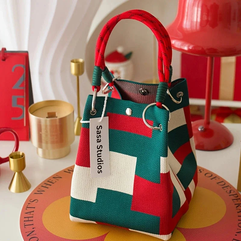 Bolso tote de punto vintage floral para mujer, bolsa de almacenamiento ligera con correas ajustables y anillos de metal, cierre de broche para viajes casuales