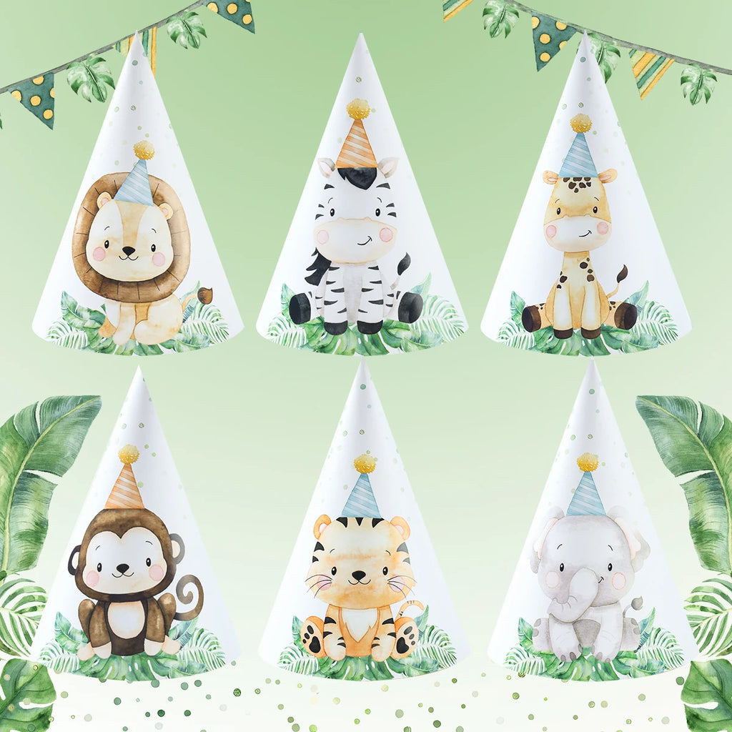Sombreros de Papel de Fiesta de Animales de la Selva Decoración de Fiesta de Cumpleaños Feliz para Niños Safari Animal Salvaje Uno Suministros de Decoración de Cumpleaños Baby Shower