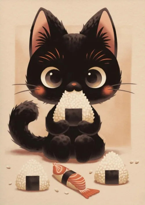 Póster Vintage Japonés Gato Comiendo Ramen Sushi Maneki Neko Arte de Pared de Cocina Gato Japonés Neko Decoración de Pared Lienzo Pintura Restaurante