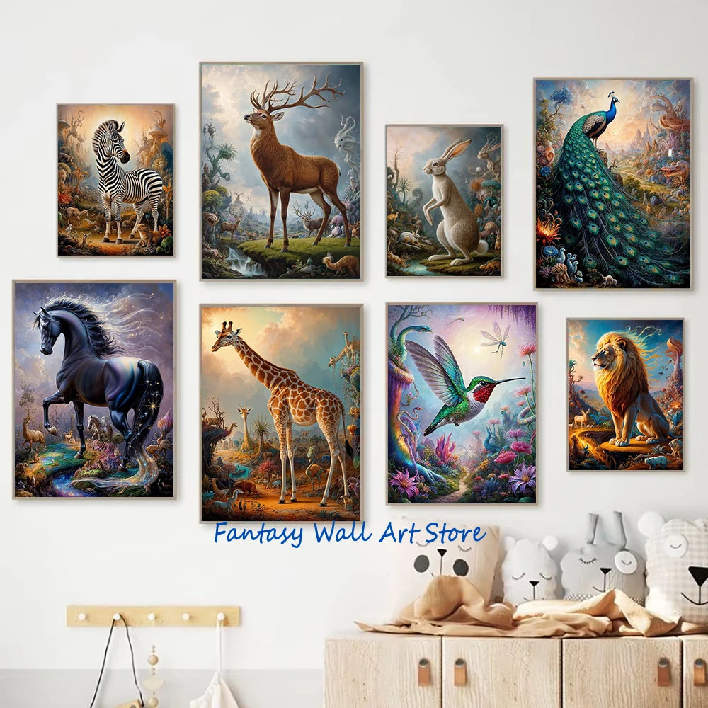 Safari Surrealista Animales Salvajes Cartel Animal Espiritual Estética de Pared Mundo Surrealista León Elefante Tigre Conejo Zorro Impresiones en Lienzo