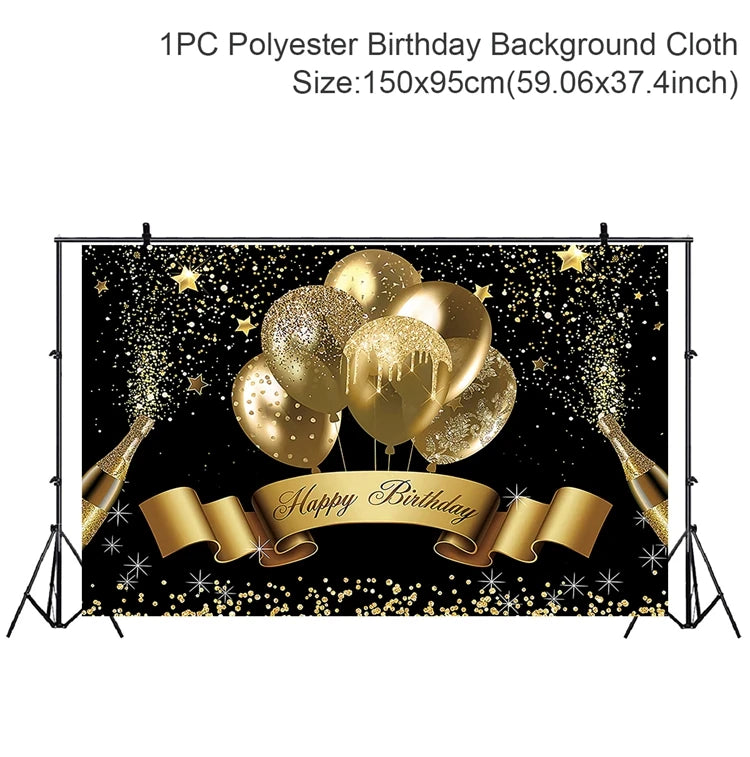 Gold Glitter Happy Birthday Party Backdrop For Photo Black  Happy Birthday Adult Theme Party Decoration Supplies DIY Backdrops