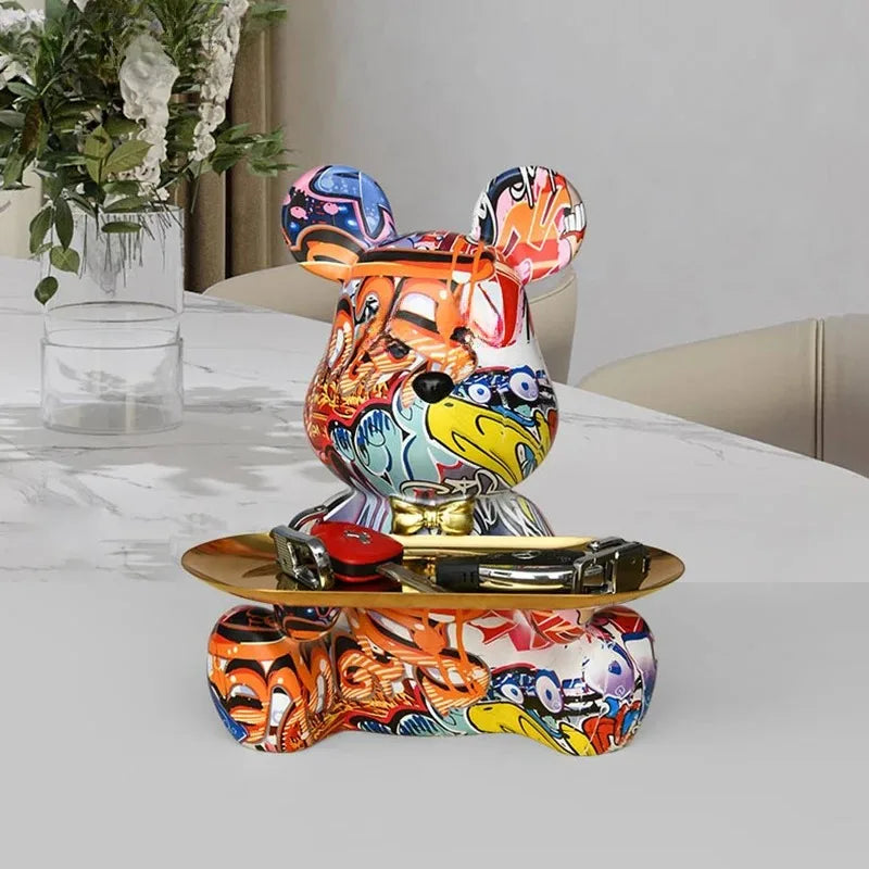 Estatua de Resina Abstracta de Oso Graffiti Colorido y Moderno Organizador de Escritorio con Forma de Animal de Garabato Lindo para Adornos de Oficina en Casa