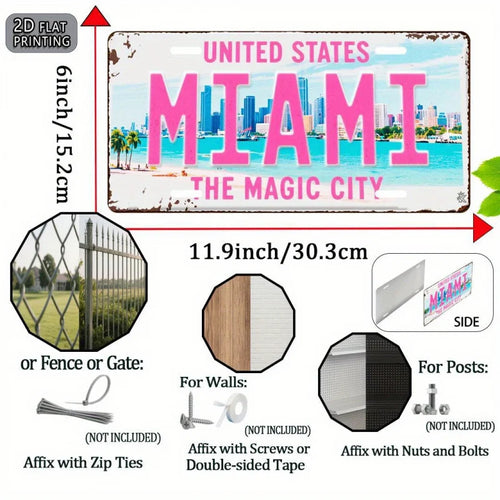 Matrícula de metal y aluminio 2D plana Miami retro, recuerdos de viaje, regalo para amigos, regalo de cumpleaños