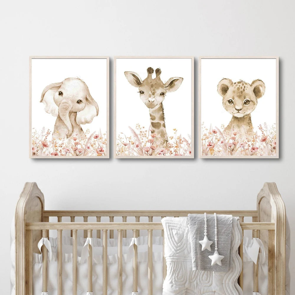 Póster de lienzo de animales lindos, elefantes, jirafas y gatos, con diseño moderno nórdico, para sala de estar, sala de juegos, habitación de niños y decoración del hogar