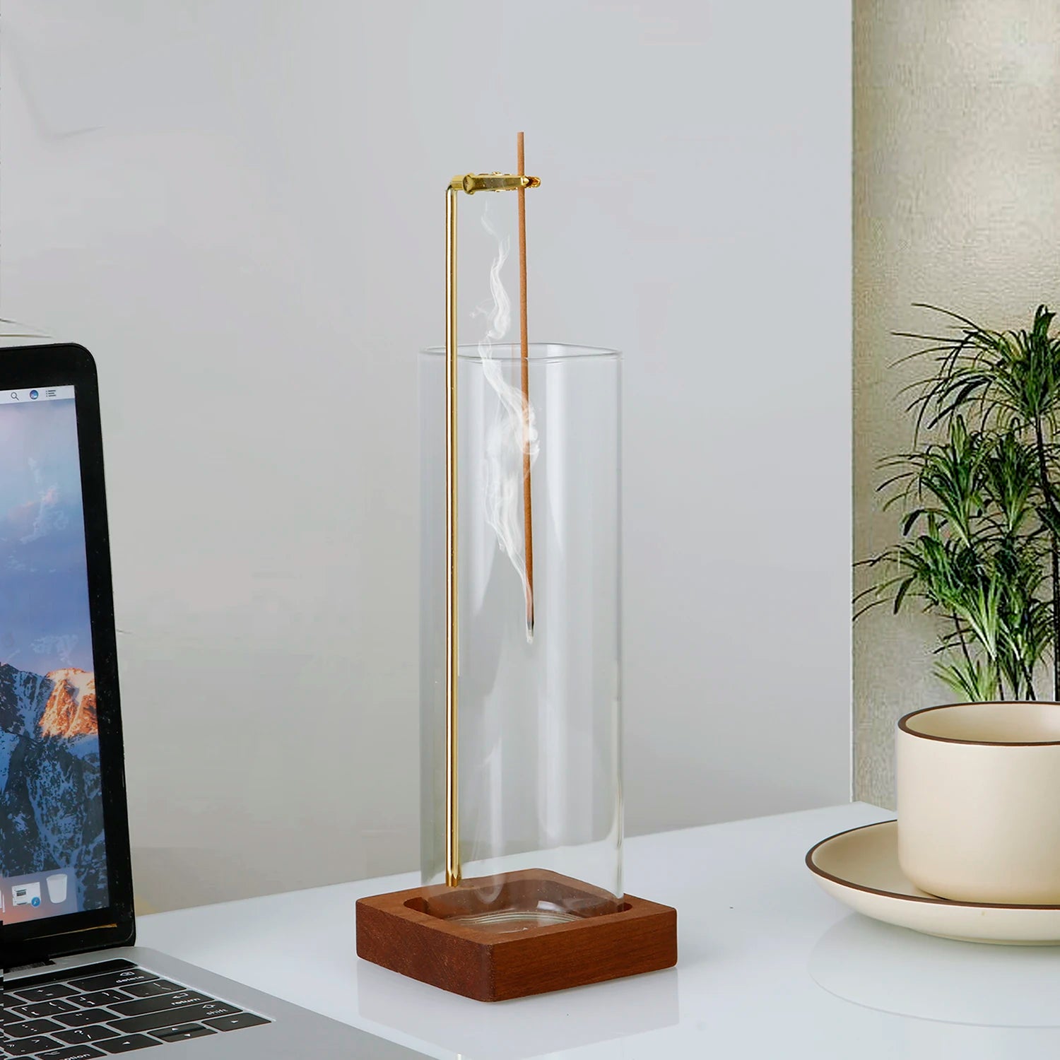 Soporte de incienso de vidrio, soporte de incienso de madera para varillas con recogedor de cenizas de vidrio, quemador de incienso anti-cenizas voladoras para yoga y decoración del hogar