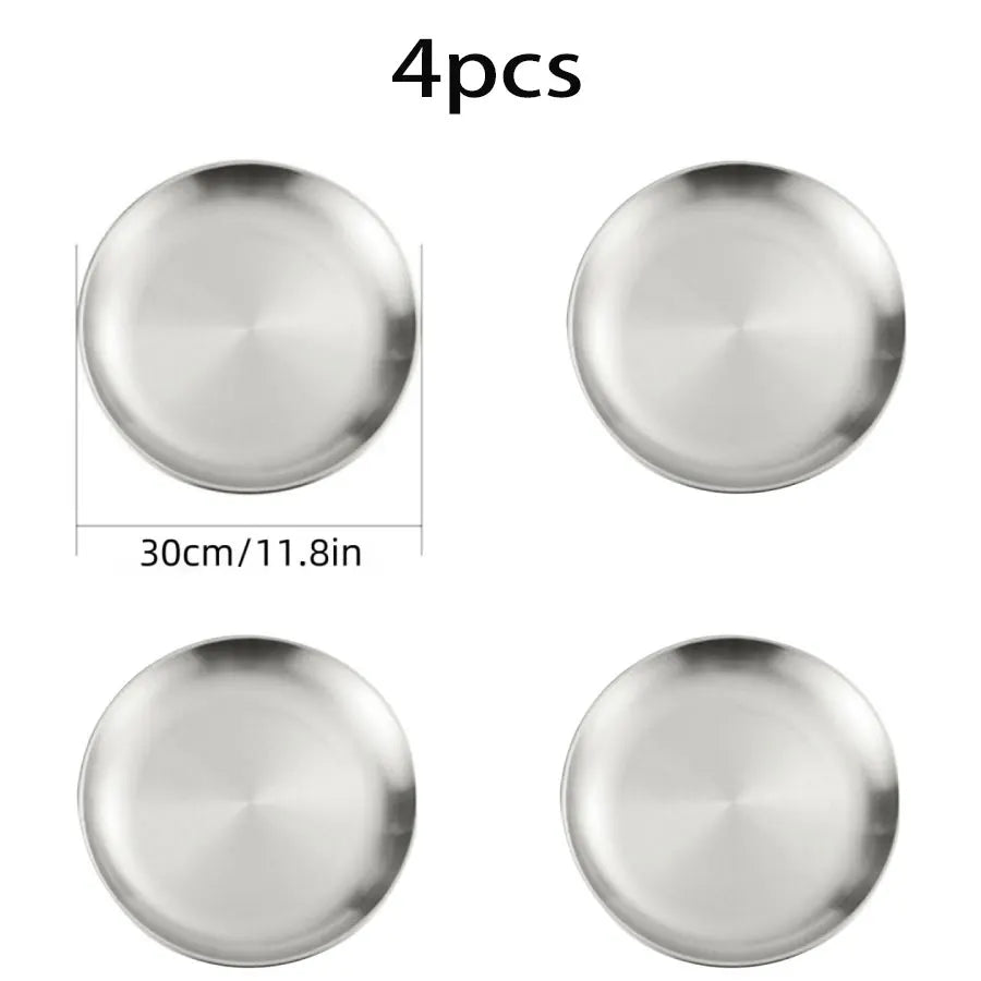 4 assiettes en acier inoxydable argentées, assiettes de viande grillée de style coréen, plateaux circulaires ménagers, assiettes à os, assiettes à gâteau