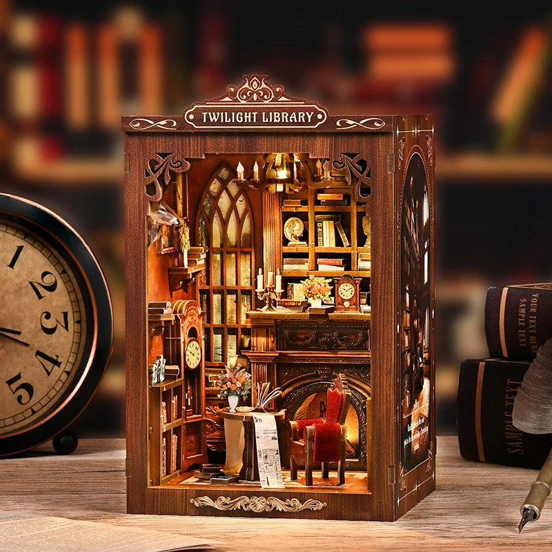 DIY Book Nook Kit - TWILIGHT LIBRARY Wooden Bookend, 3D Puzzle Assembly, Handmade Model for Christmas & Black Friday Gifts