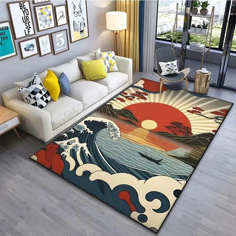 VIKAMA Alfombra de estilo japonés Ukiyo-e para vestíbulo, alfombrilla para balcón, cocina, sala de estar, dormitorio con motivo de la Gran Ola de Kanagawa