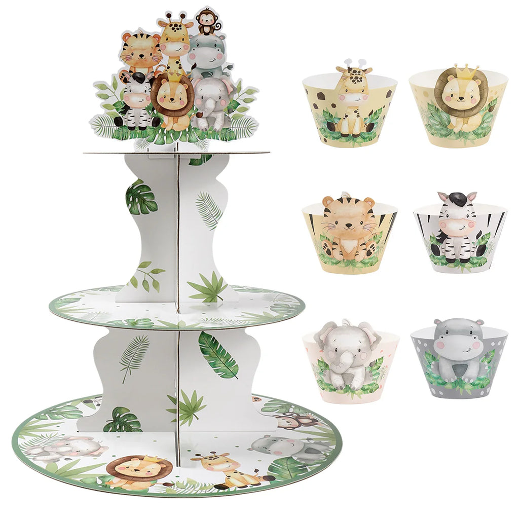 Présentoir à cupcakes Safari Animaux de la Jungle Décorations de Fête d'Anniversaire Baby Shower Support à Gâteaux Fournitures de Fête d'Anniversaire Thème Animaux Sauvages pour Enfants
