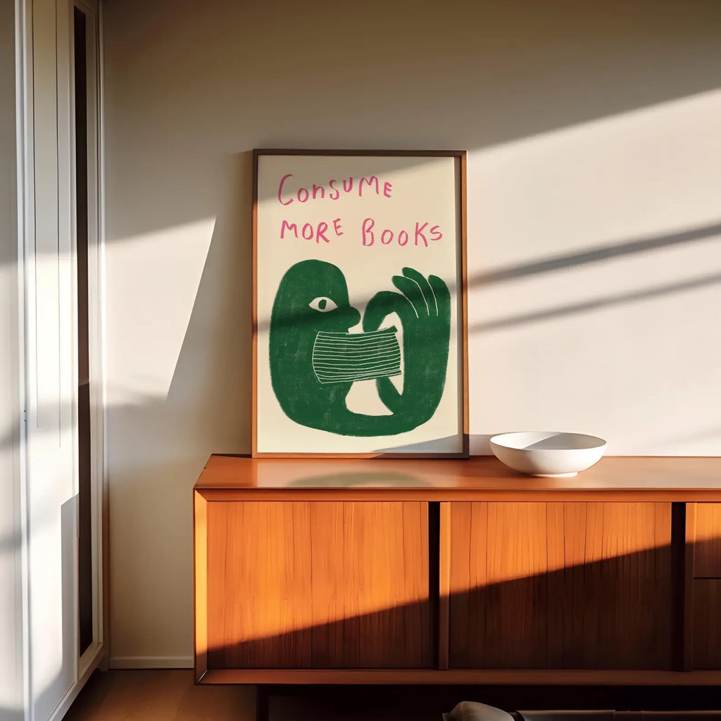 Décoration murale rétro en forme de livre, cadeau pour les amoureux des livres, impression murale d'illustration dessinée à la main, "Consommez plus de livres", impression, littérature sympa.