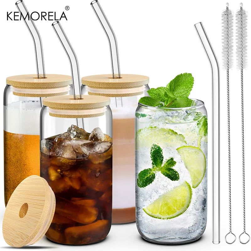 1/4 pièces 400ML tasse en verre avec couvercle en bois et paille jus boisson bière tasse à café lait tasse d'eau transparente adaptée aux fêtes