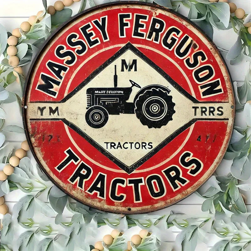 Letrero rústico vintage redondo de metal y aluminio de 1 pieza | Placa de estaño de tractor Massey Ferguson para decoración de pared | Retro, multiusos