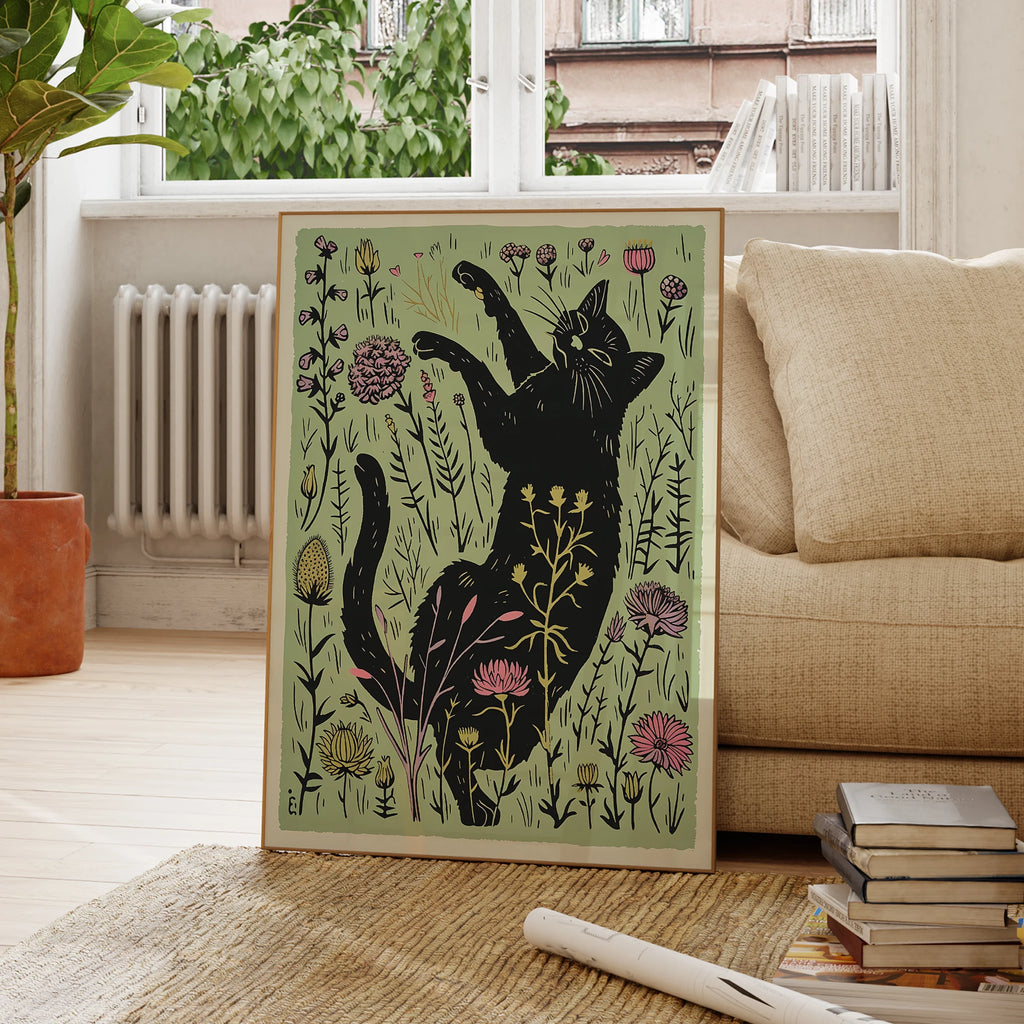 Affiche d'art mural moderne chat noir mignon avec fleurs illustration sur toile peinture image pour la décoration de la maison de salon