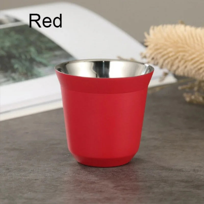 Nouvelle tasse à café capsule à double paroi en acier inoxydable, fond plat, simple et estival, couleur unie de haute qualité.
