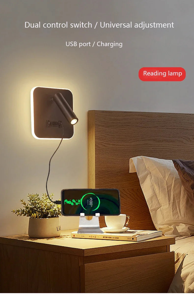 Applique Murale Moderne Minimaliste LED USB Rechargeable Lampe de Chevet Intérieure pour Chambre d'Hôtel Liseuse Applique Murale avec Interrupteur AC 90~240V