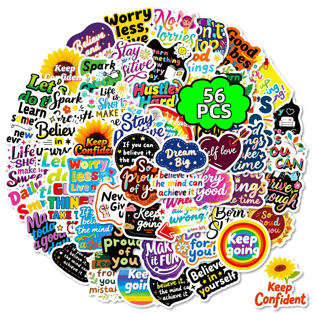 56 pegatinas de grafiti inspiradoras, pegatinas con texto positivo, pegatinas decorativas para cuaderno, laptop, impermeables, pegatinas de papelería