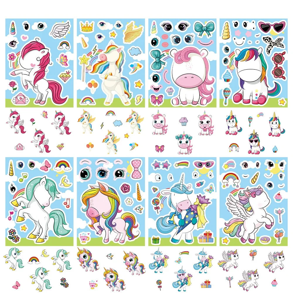 8/16/24PCS Pegatinas de dibujos animados de unicornios arcoíris para collage, decorativas para móviles, tabletas, patinetas, pegatinas impermeables para papelería