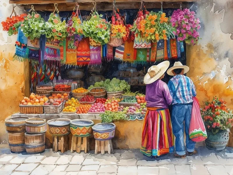 Arte de pared de México colorido vintage, pintura tradicional de la vida en el mercado, póster impreso en lienzo HD, decoración para sala de estar, dormitorio