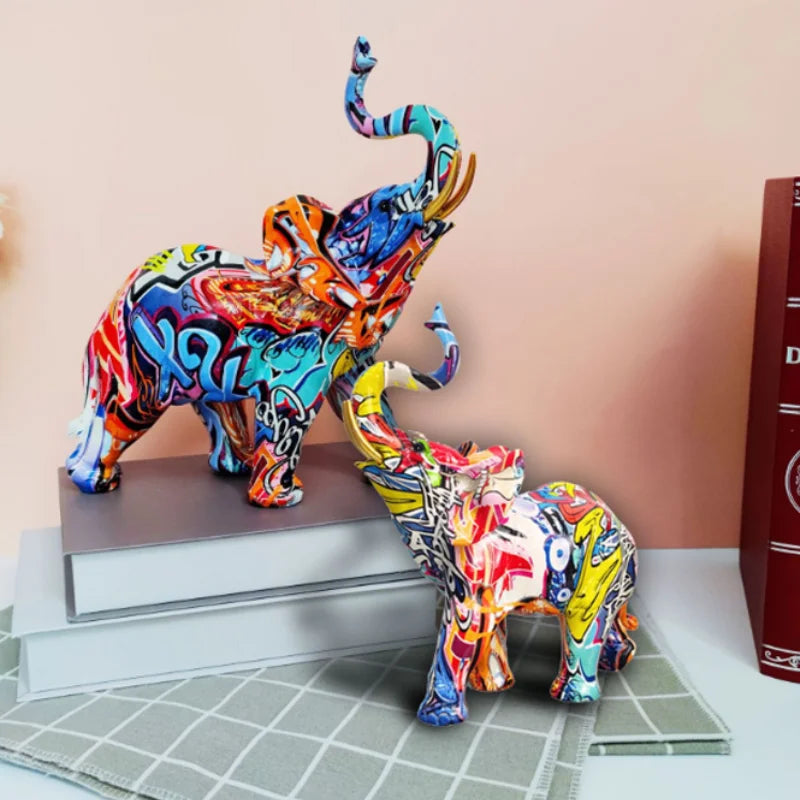 Decoración del hogar Pintura nórdica Escultura de elefante de grafiti Figurita de elefante de arte Estatua de elefante creativa Artesanía de resina Adornos decorativos