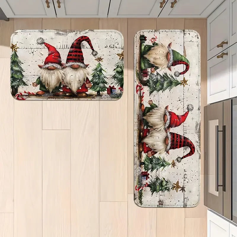 VIKAMA Lot de 2 tapis de Noël Père Noël à barbe blanche Tapis de cuisine Paillasson d'entrée Antidérapant Décoration festive pour la maison