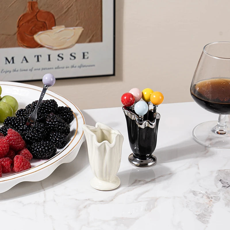 Juego de tenedores de fruta y postre de acero inoxidable de alta gama, con recipiente de almacenamiento de cerámica - tenedor de fruta innovador