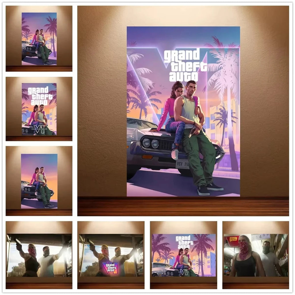 Póster de GTA 6 Grand Theft Auto VI Póster de Juego Lienzo Pintura de Pared Decoración de Sala de Juegos Decoración de Pared de Dormitorio Adhesivo de Decoración del Hogar