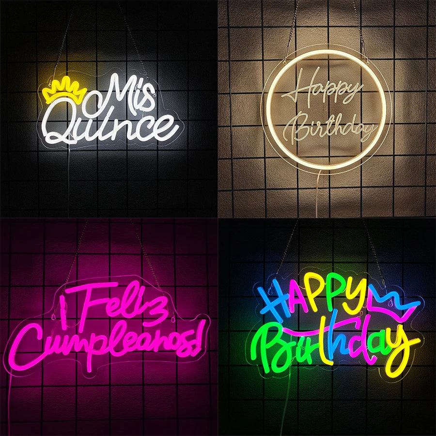 Letrero de Neón con Temática de Cumpleaños, Lámpara LED de Letras para Decoración de Pared, Alimentación USB, Fiesta en Casa, Decoración de Fiesta de Cumpleaños, Fácil de Colgar.