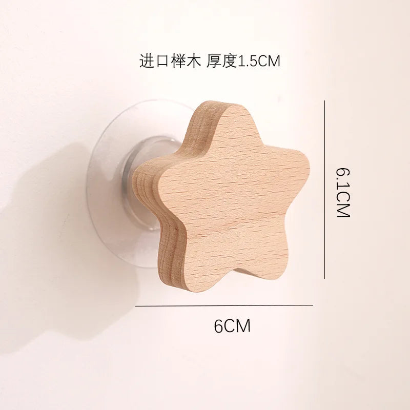 Ganchos decorativos de madera de estrella y luna. Bonitos ganchos adhesivos de pared con dibujos de animales. Llavero para la pared del hogar y decoración.