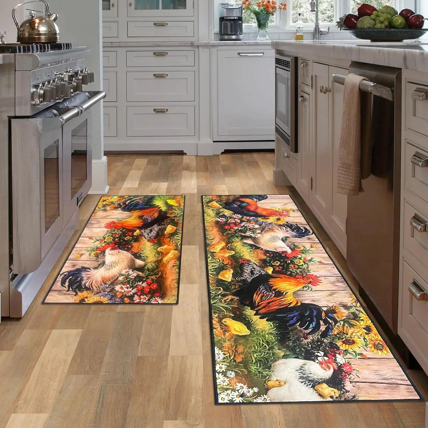 VIKAMA 1/2 piezas Alfombra de cocina con gallo para decoración del hogar, tapete decorativo de estilo rústico de granja, tapete antideslizante para pasillo
