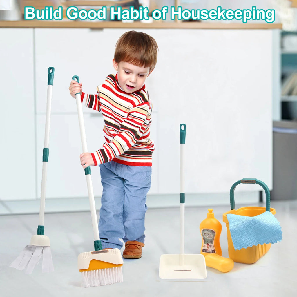 12pcs/set Kids Cleaning Set Housework Supplies Kit Play House Toys with Dustpan Broom Bucket Mop Cleaning Set for Girls & Boys