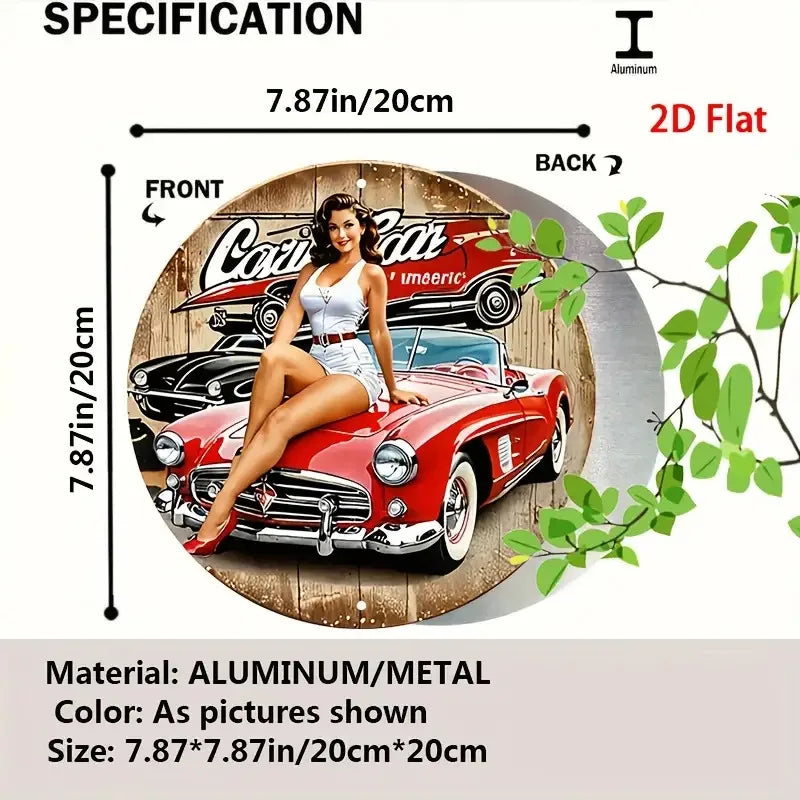 [2D Plano] Cartel Metálico de Coche Clásico Vintage - Decoración Redonda de Pared de Aluminio con Ilustración de Chica y Coche Clásico, Coche Rojo Retro