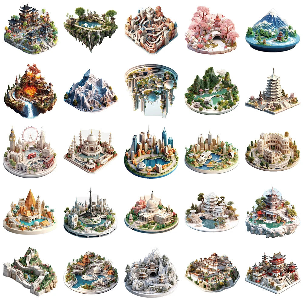 10/30/50 Pièces Autocollants 3D Monde Esthétique Bâtiment Graffiti Art Dessin Animé pour Skateboard Ordinateur Portable Voiture Téléphone Imperméable Jouets