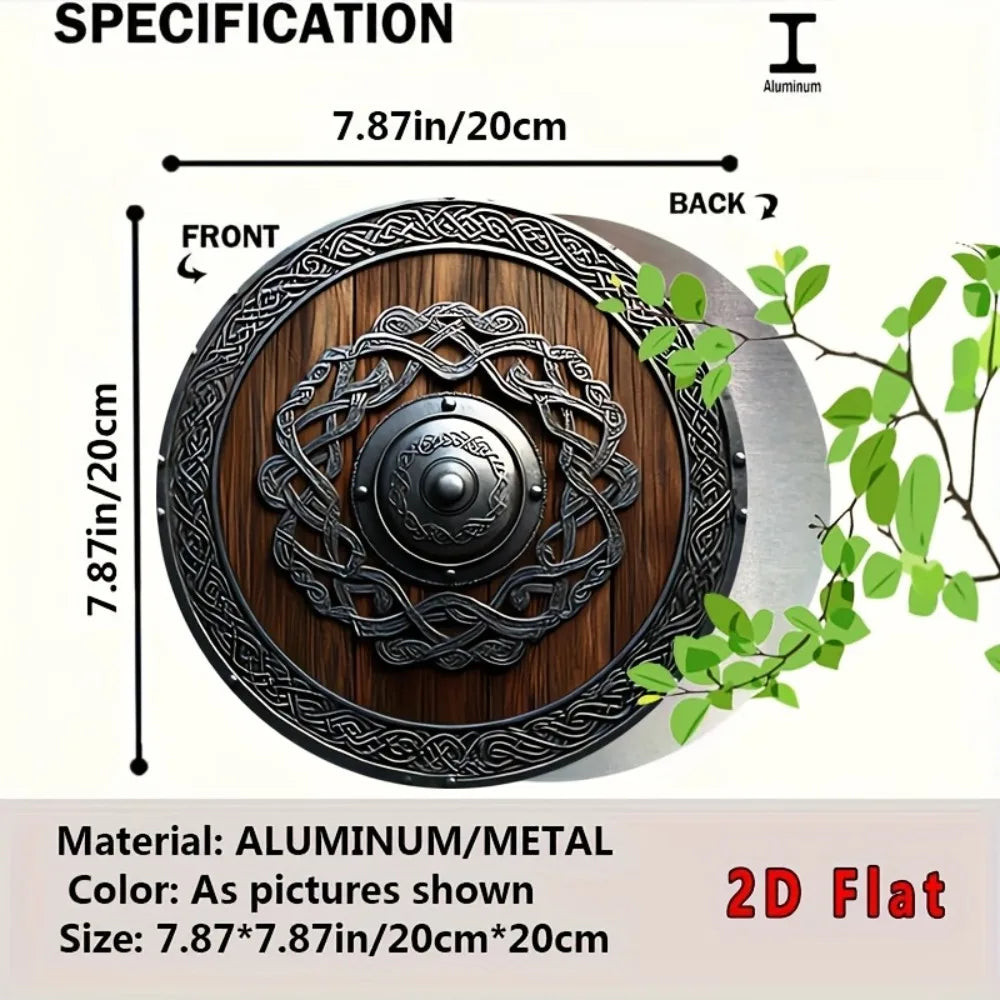 Decoración de pared metálica de escudo vikingo nórdico 2D plano con nudos celtas, marrón oscuro, para hogar, oficina, bar, cafetería