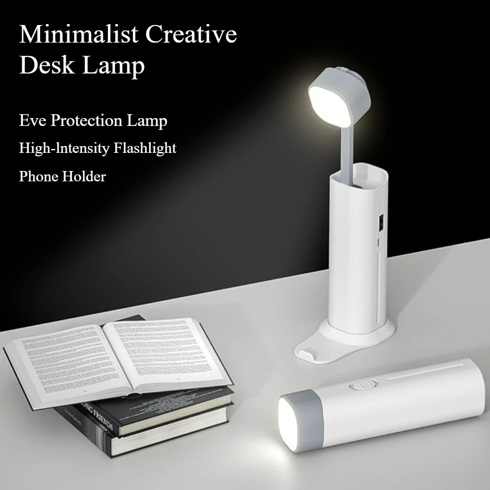 Lámpara de escritorio LED plegable con 3 velocidades de atenuación, protección ocular, carga USB, luz para libros con función de linterna y soporte para teléfono
