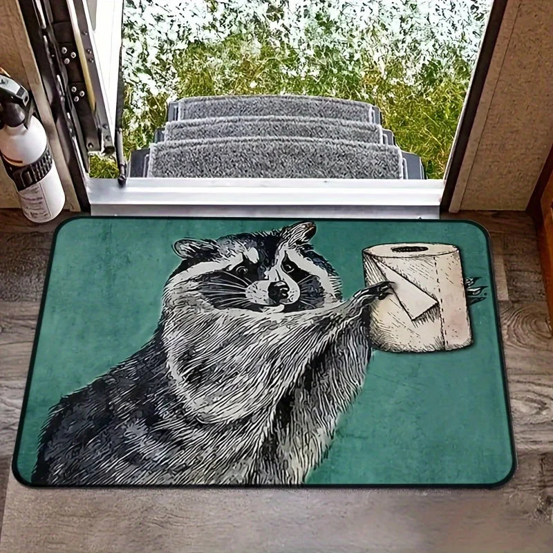 VIKAMA Alfombra de tejido de mapache gris, lindo felpudo, alfombra impermeable y antimanchas para exteriores, felpudo de bienvenida para dormitorio, decoración del hogar