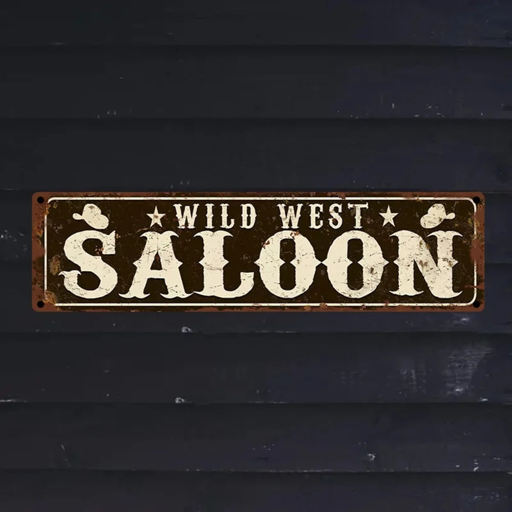 Letrero de metal vintage "Wild West Saloon" - 40x10 cm, decoración rústica de estrellas de vaquero, arte de bar para interiores y exteriores