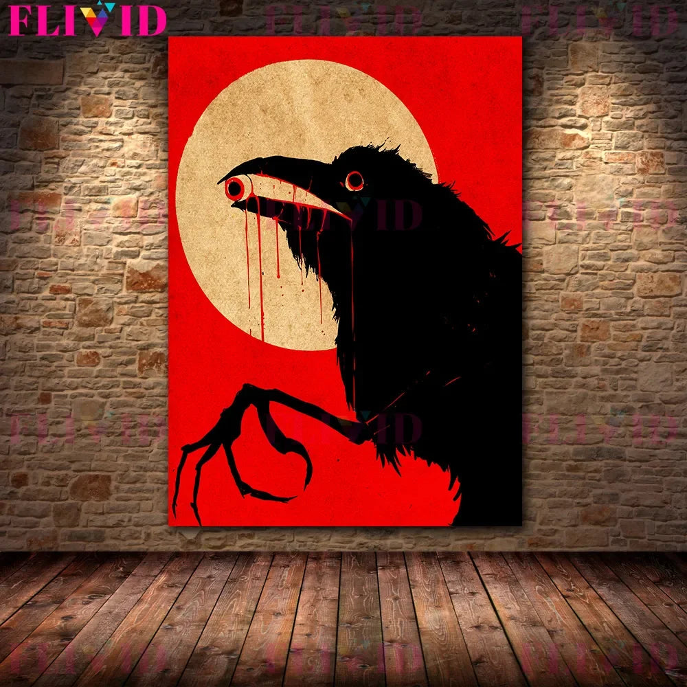 El lobo devora el cordero y el cuervo sangriento de la luna llena arte de pared vintage, animales de terror, póster e impresión de arte de minimalismo