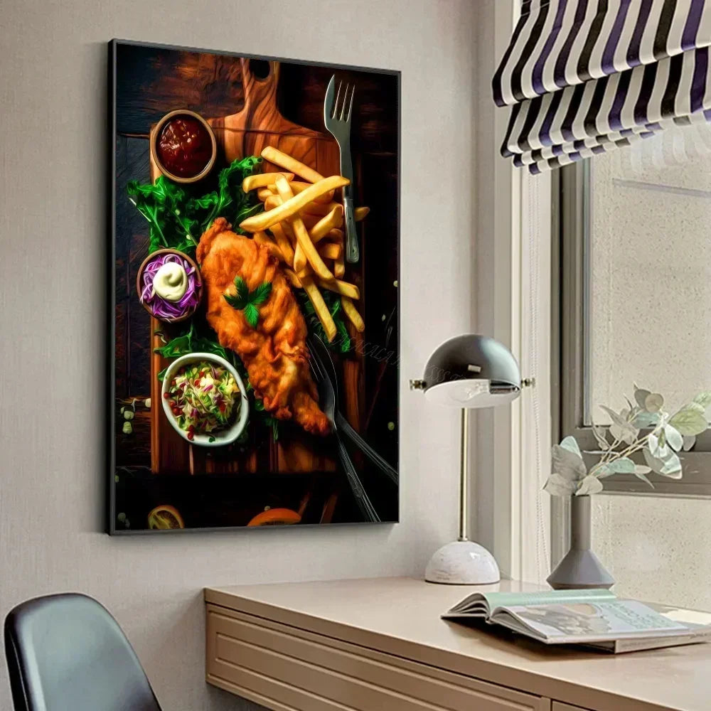 Póster de lienzo impreso para pared con diseño de pollo, comida, hamburguesa, patatas fritas, pollo y salmón, para sala de estar, hogar, restaurante y decoración