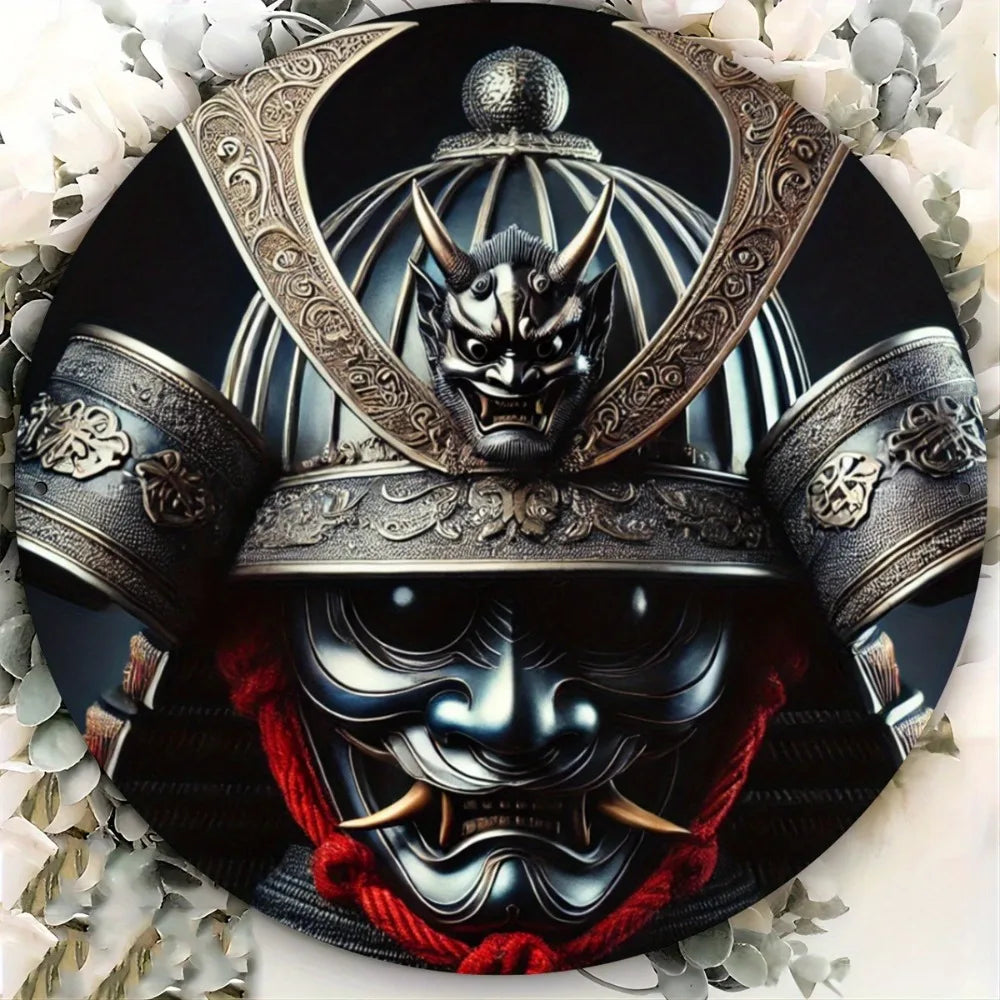 Letrero metálico redondo: Casco de samurái japonés (máscara de Oni) - Decoración de pared, dormitorio, cafetería, hogar y dormitorio universitario