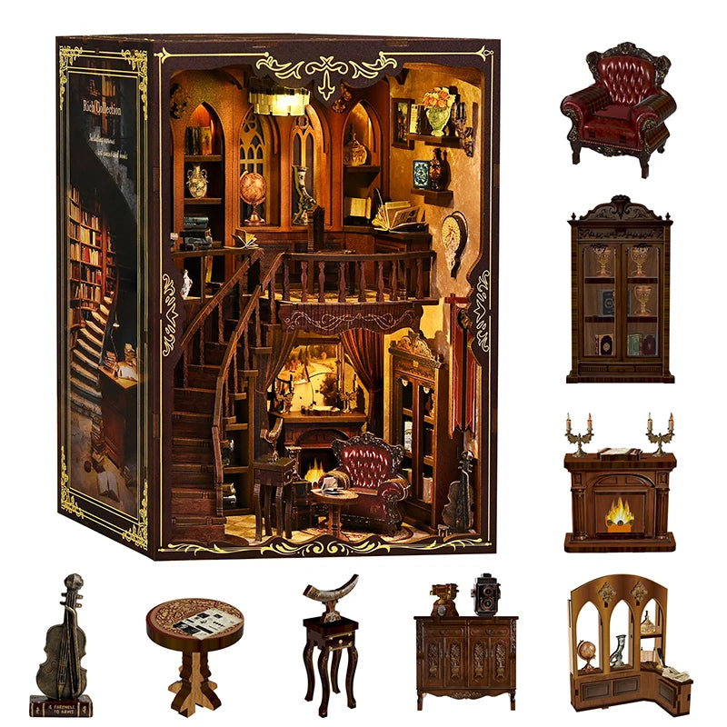 Kit de bricolage pour coin lecture – Bibliothèque en bois 3D Ancien Rime – Cadeau créatif pour Noël et le Black Friday – Décoration de bureau miniature