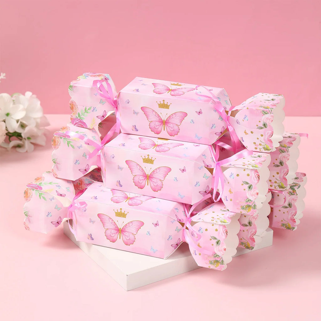 Caja de dulces de mariposa de 6 piezas con cinta, caja de regalo, decoración de fiesta de cumpleaños de mariposa, suministros de fiesta de boda para baby shower de niños