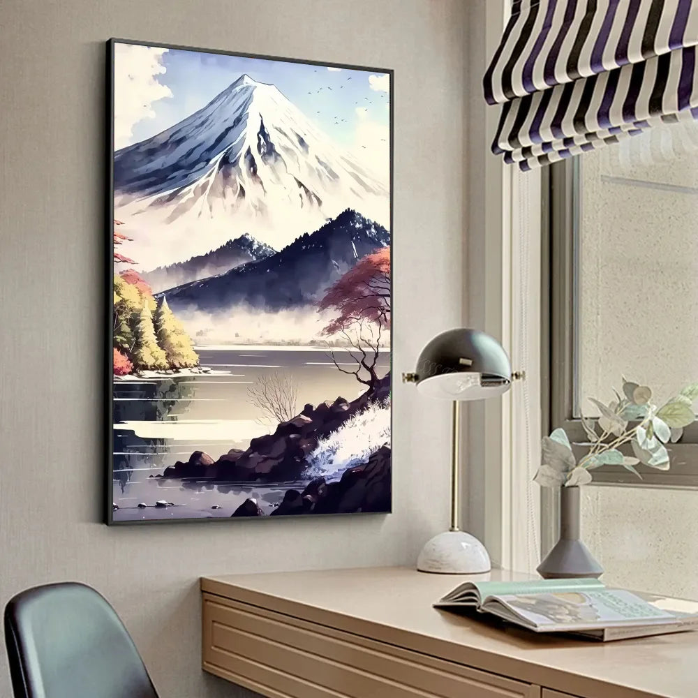 Póster Vintage Zen japonés con paisaje del Monte Fuji, peces Koi, póster HD, pósteres para decoración del hogar, habitación, bar, cafetería, pintura artística para pared