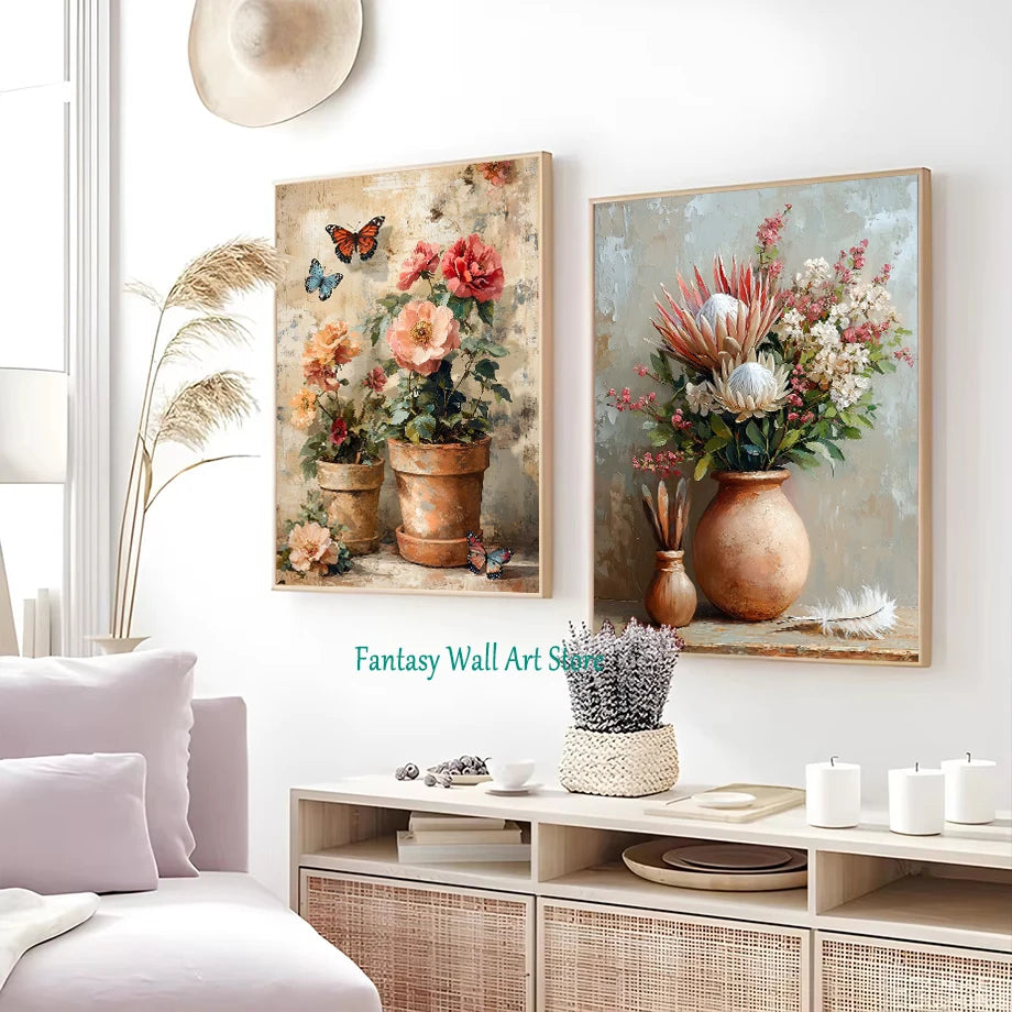 Jarrón de flores de naturaleza muerta, decoración de pared de pintura botánica vintage, jarrones antiguos vintage, impresiones estéticas, pintura de lienzo de olivo