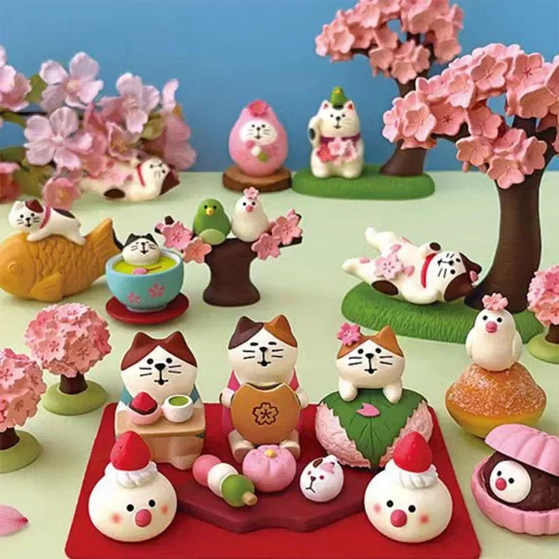 Lindo adorno de gato admirando flores, escena ZAKKA, flor de cerezo, juguete INS de moda, adorno artesanal de resina DIY