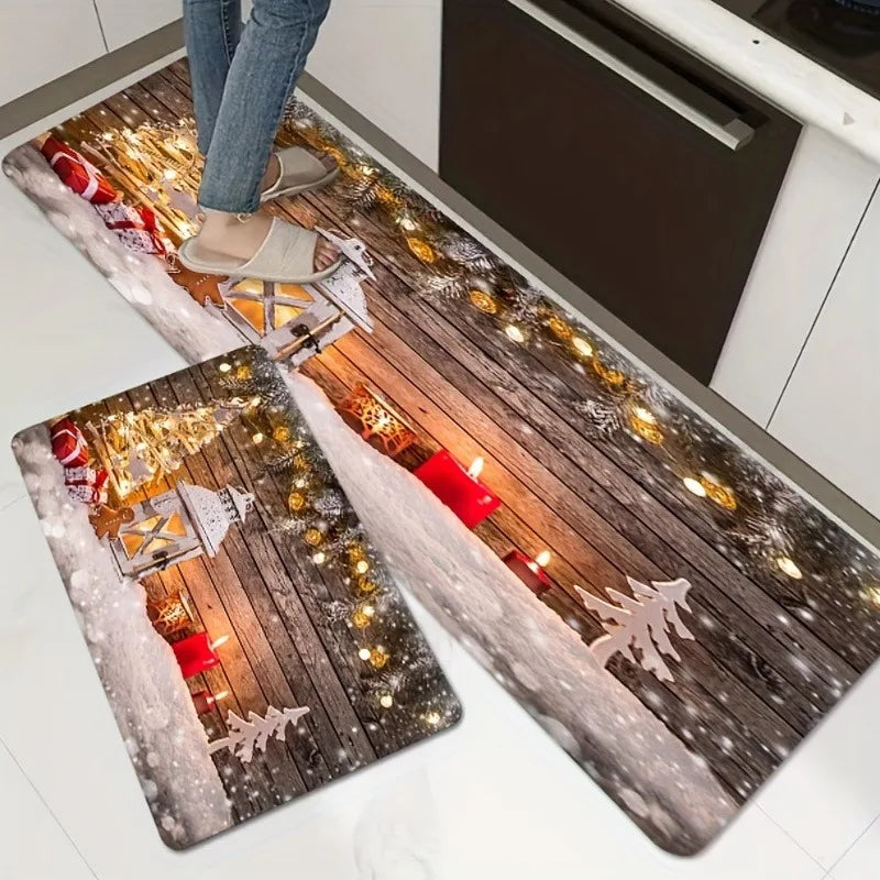 VIKAMA Tapis Scène de Neige de Noël 2pcs Tapis de Cuisine Paillasson Tapis de Bienvenue Tapis d'Extérieur pour Chambre Salon Tapis de Maison Décoration