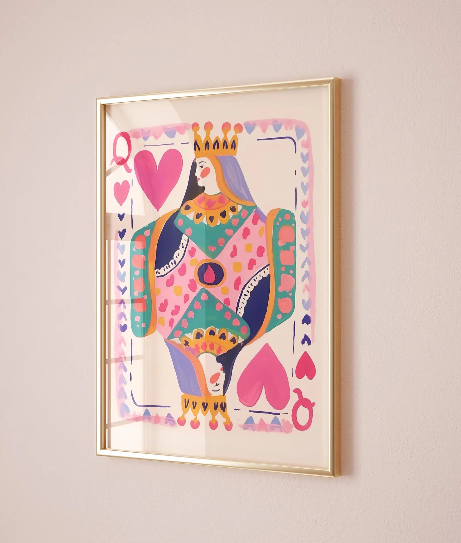 Queen of Hearts Wall Art Print | Colorful Playing Card Digital Download | Maximalist Card Decor | Dopamine Queen Illustration |