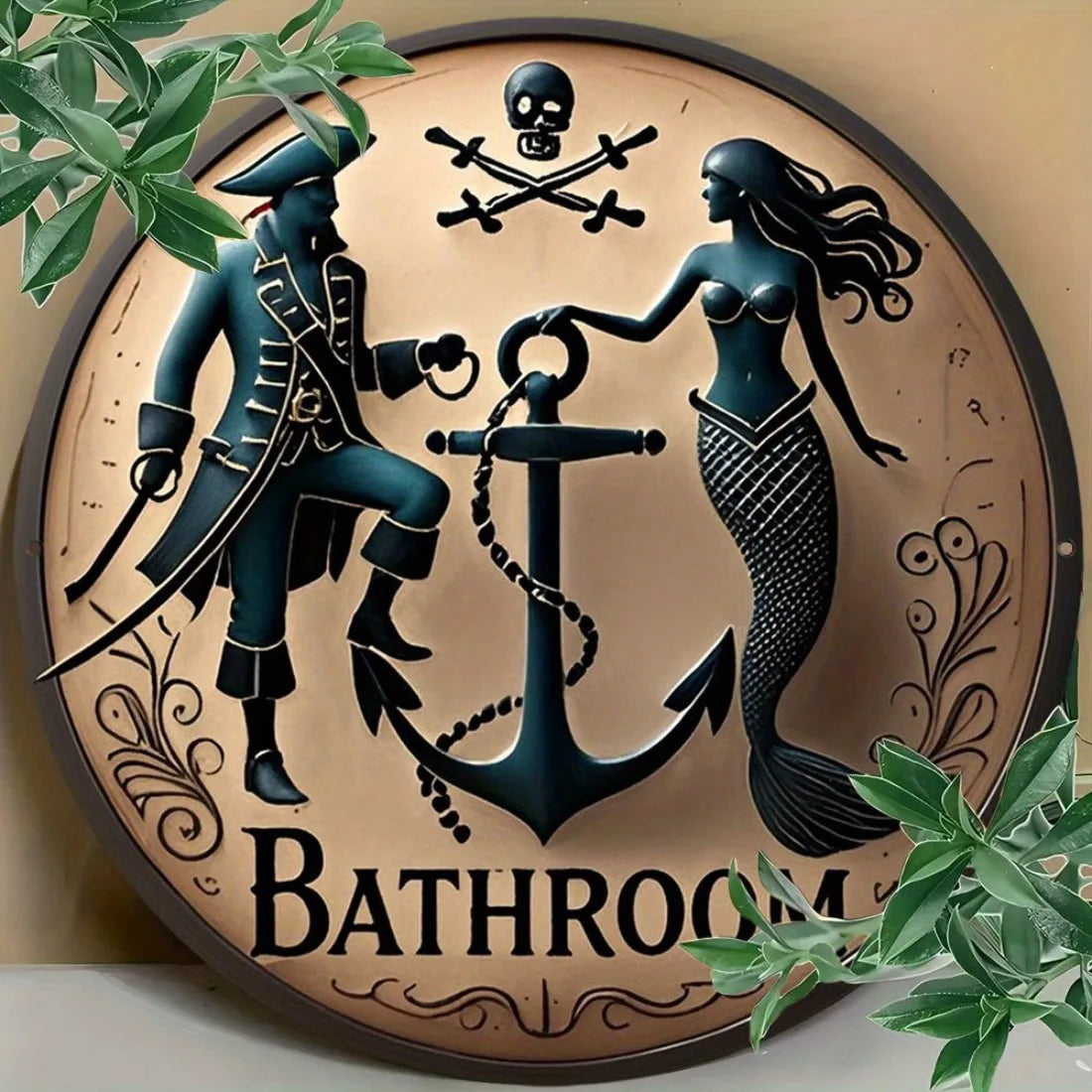Retro Pirate Anchor Round Wall Art, Vintage Mermaid Metal Sign for Bathroom Home Outdoor Decor