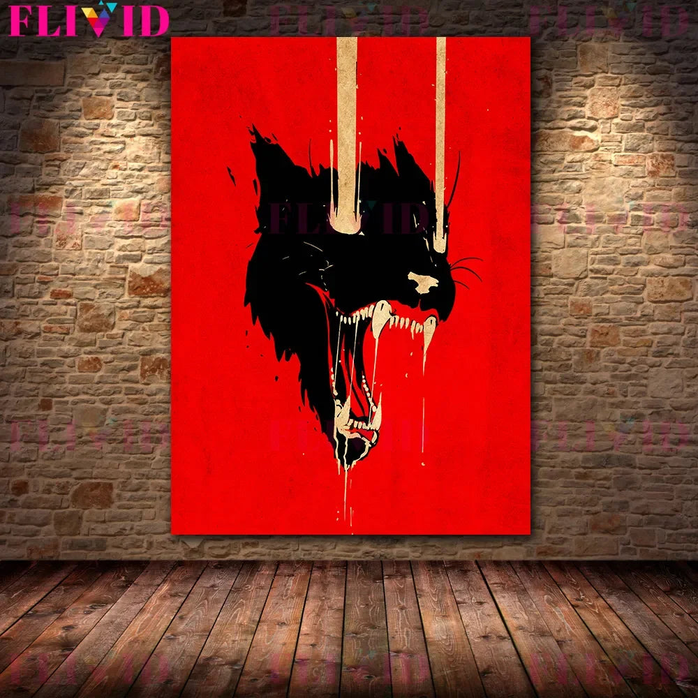El lobo devora el cordero y el cuervo sangriento de la luna llena arte de pared vintage, animales de terror, póster e impresión de arte de minimalismo