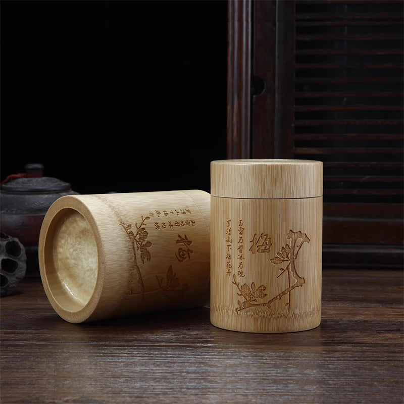 Carved Bamboo Tea Storage Box Lid Seal Tea Canister Food Spice Nut Box Organizer Kitchen Storage Jars Accessories