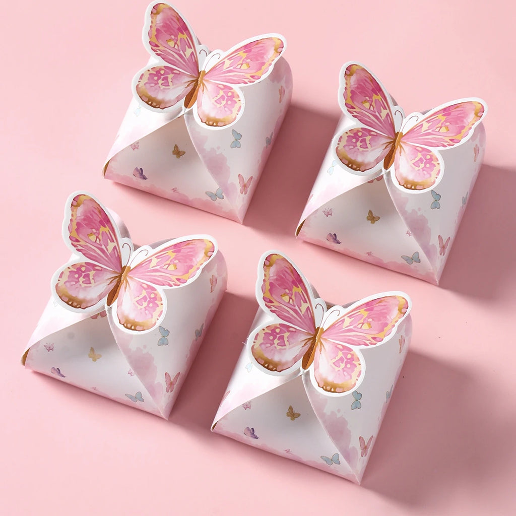 Caja de regalos de dulces de mariposa rosa, decoración de fiesta de cumpleaños feliz para niñas, suministros de fiesta de cumpleaños de mariposa para bodas, decoración de baby shower